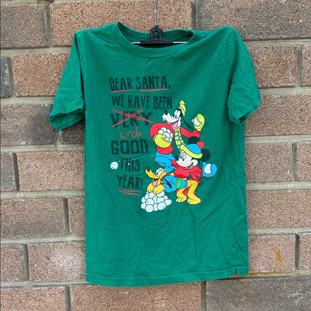 Disney Christmas Green Kids Tee with Mickey, Goofy and Pluto Size 5